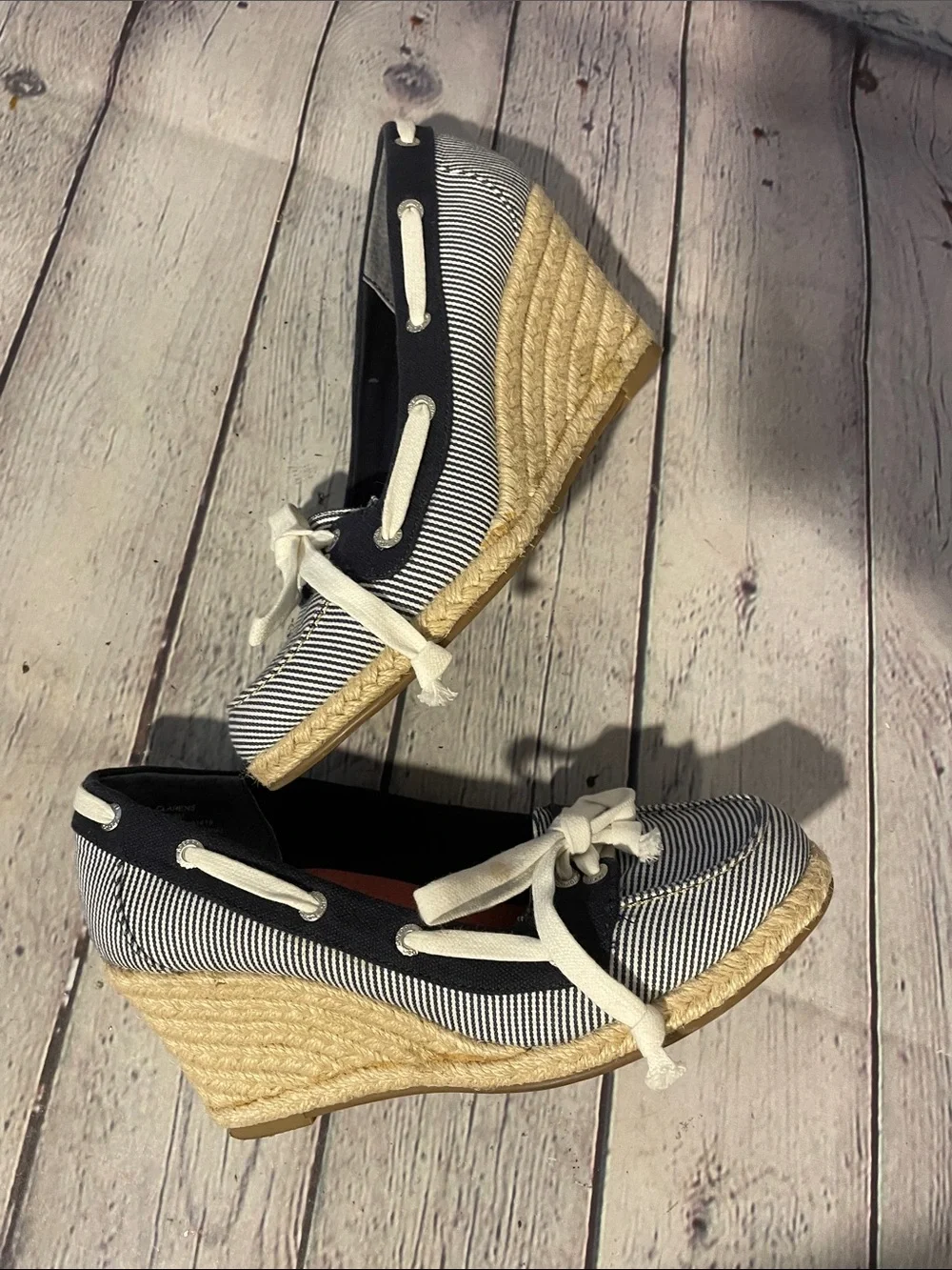 Sperry Black & White Striped Espadrille Wedge Boat Shoes - Women